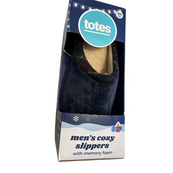 Totes Toasties Men's Memory Foam Slippers - Navy Blue & Plaid - Size MD 8-9 NEW - Picture 2 of 3